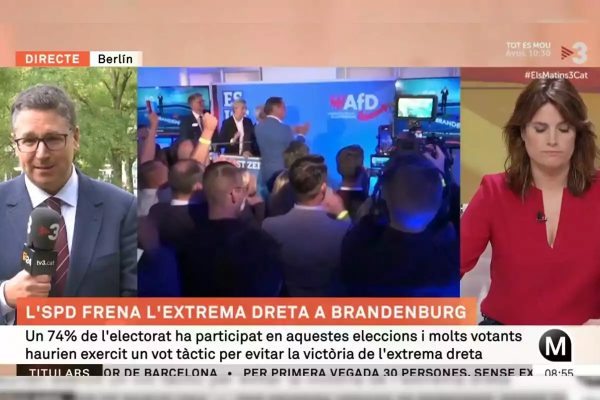 Un periodista informa desde Berlín mientras se muestra una celebración de AfD y una presentadora en un estudio de televisión.