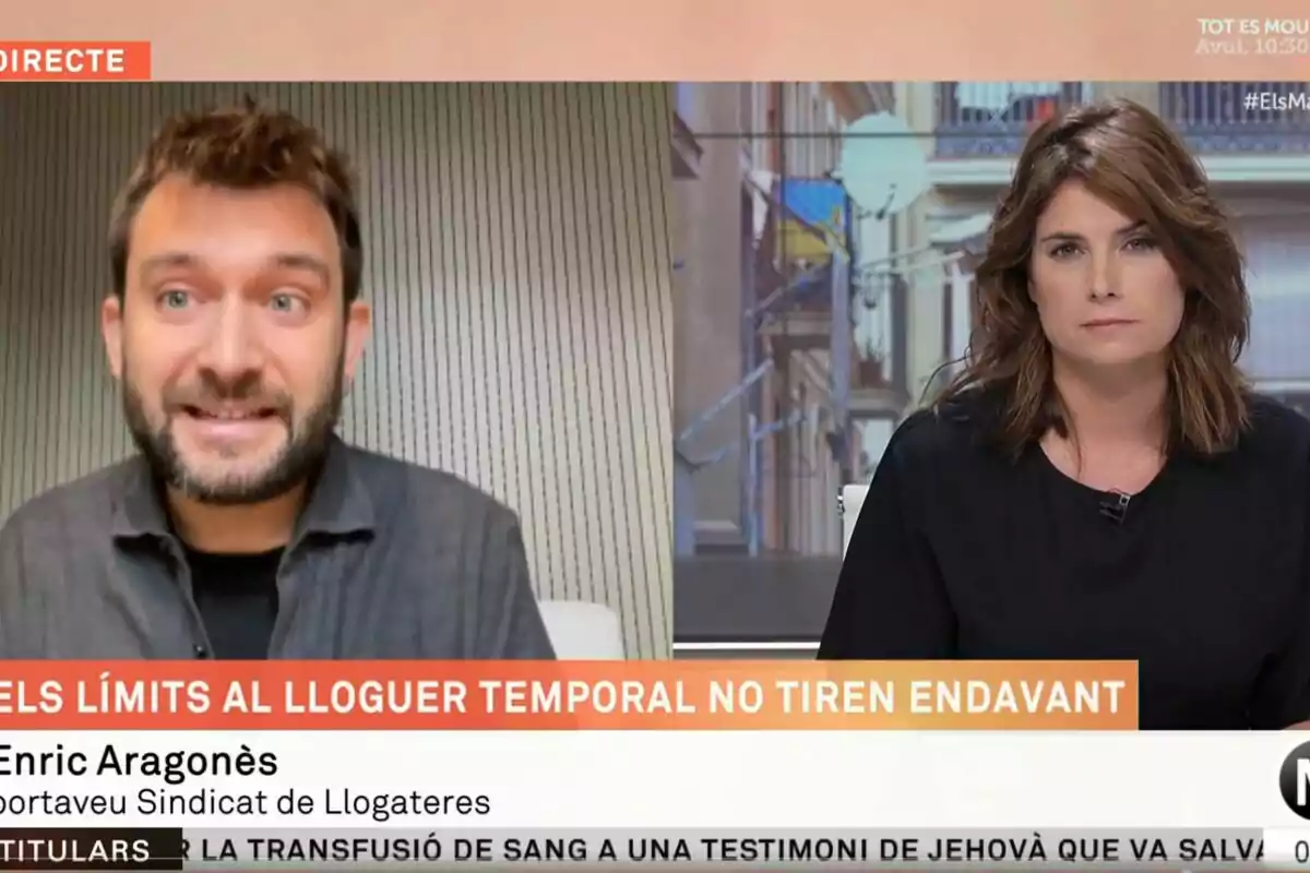 Dos personas en una videollamada en un programa de televisión en directo con un tema sobre los límites del alquiler temporal.