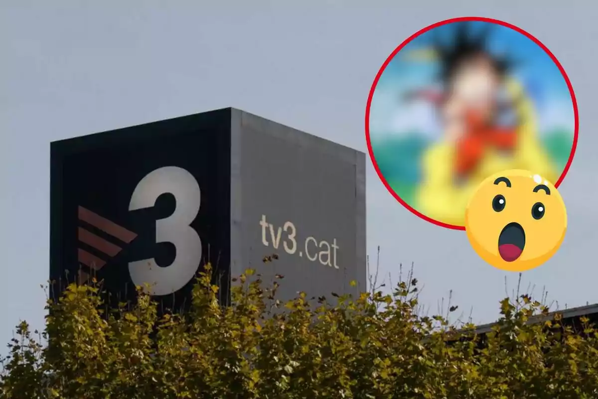 Edificio de TV3 con un círculo borroso y un emoji sorprendido en la esquina superior derecha.