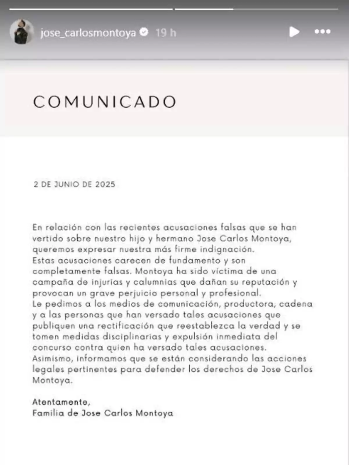 Comunciado de la familia de Montoya Comunciado de la familia de Montoya