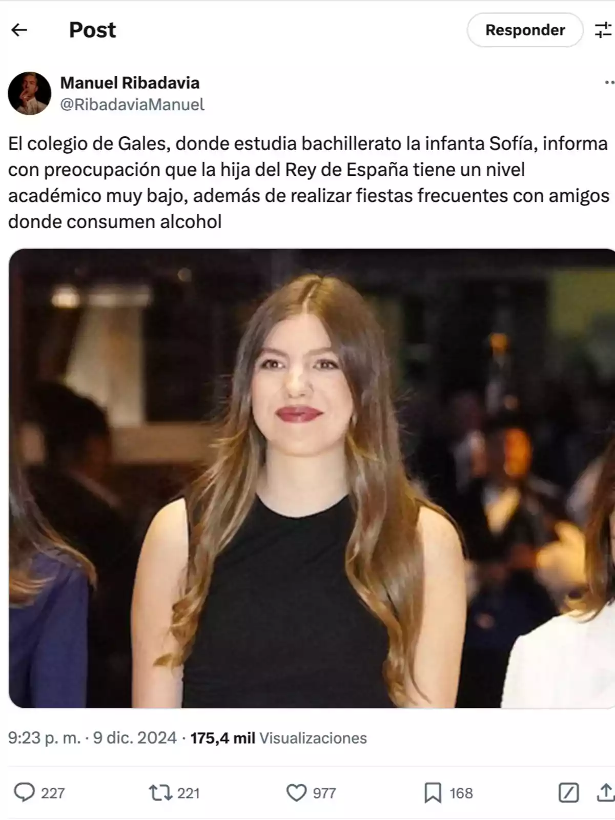 Una publicación en redes sociales menciona preocupaciones sobre el rendimiento académico de la infanta Sofía en un colegio de Gales, además de señalar que participa en fiestas con consumo de alcohol. Una publicación en redes sociales menciona preocupaciones sobre el rendimiento académico de la infanta Sofía en un colegio de Gales, además de señalar que participa en fiestas con consumo de alcohol.
