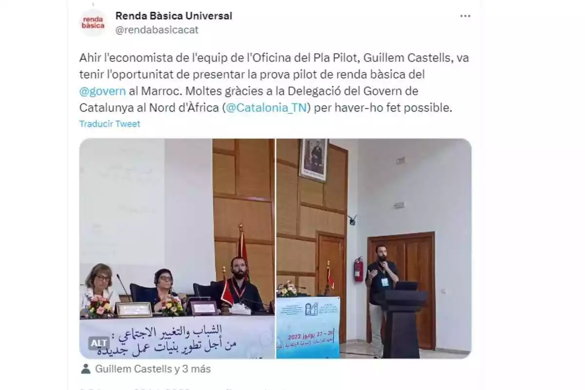 Tweet de la cuenta del Govern 'Renda Bàsica Universal' anunciando su participación en un acto en Marruecos