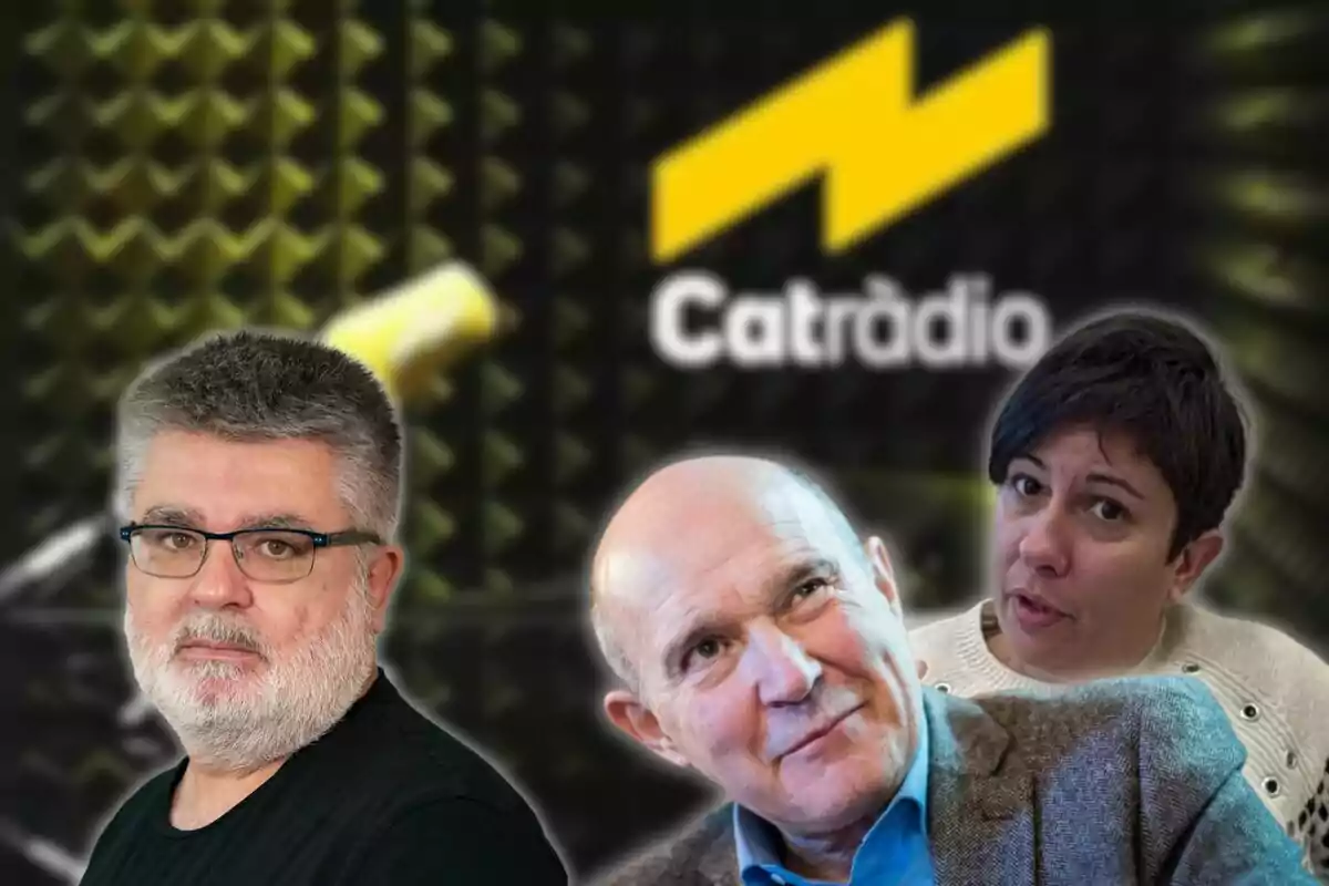 Tres personas frente a un fondo con el logo de una estación de radio.