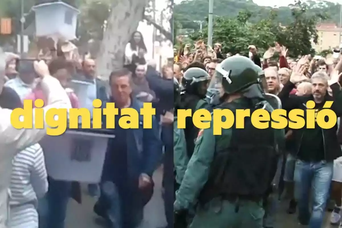 La imagen muestra dos escenas contrastantes: a la izquierda, un grupo de personas llevando una urna de votación con la palabra La imagen muestra dos escenas contrastantes: a la izquierda, un grupo de personas llevando una urna de votación con la palabra