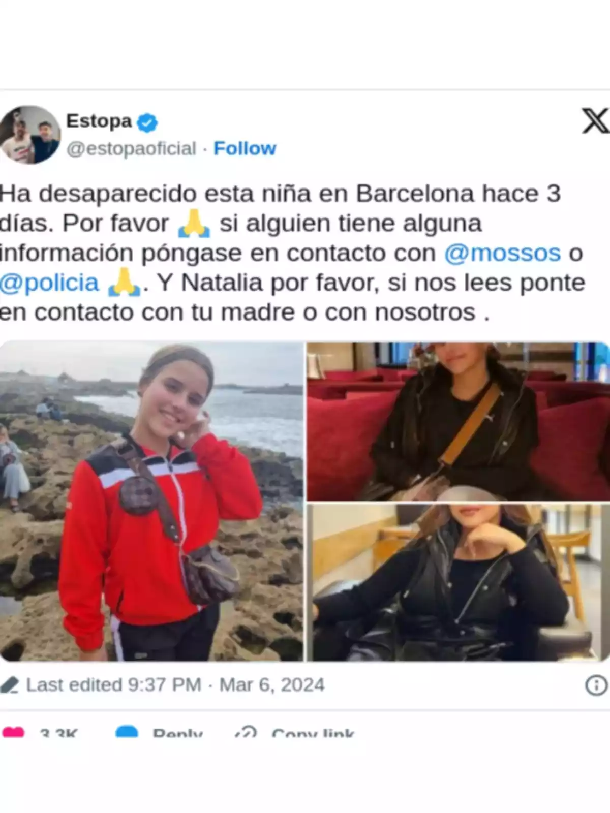 Natalia, la niña de 13 años que lleva días desaparecida en Barcelona