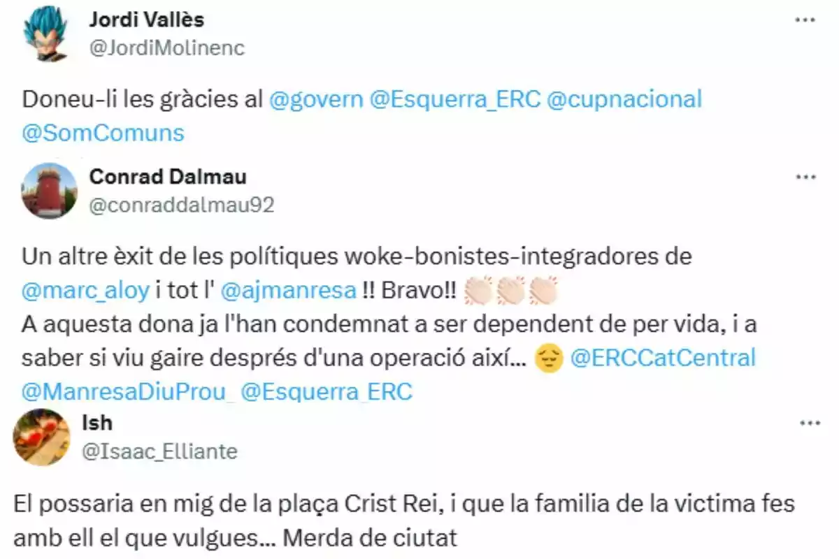 Captura de pantalla de tres tuits en catalán donde los usuarios critican a partidos políticos y expresan su indignación por una situación relacionada con una víctima y decisiones municipales en Manresa. Captura de pantalla de tres tuits en catalán donde los usuarios critican a partidos políticos y expresan su indignación por una situación relacionada con una víctima y decisiones municipales en Manresa.