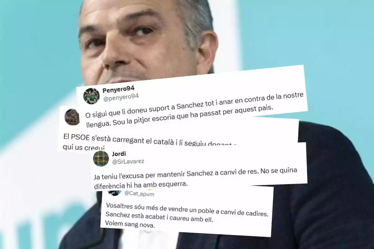 Un hombre de cabello corto y canoso aparece de fondo, mientras en primer plano se superponen varios tuits en catalán con críticas políticas.