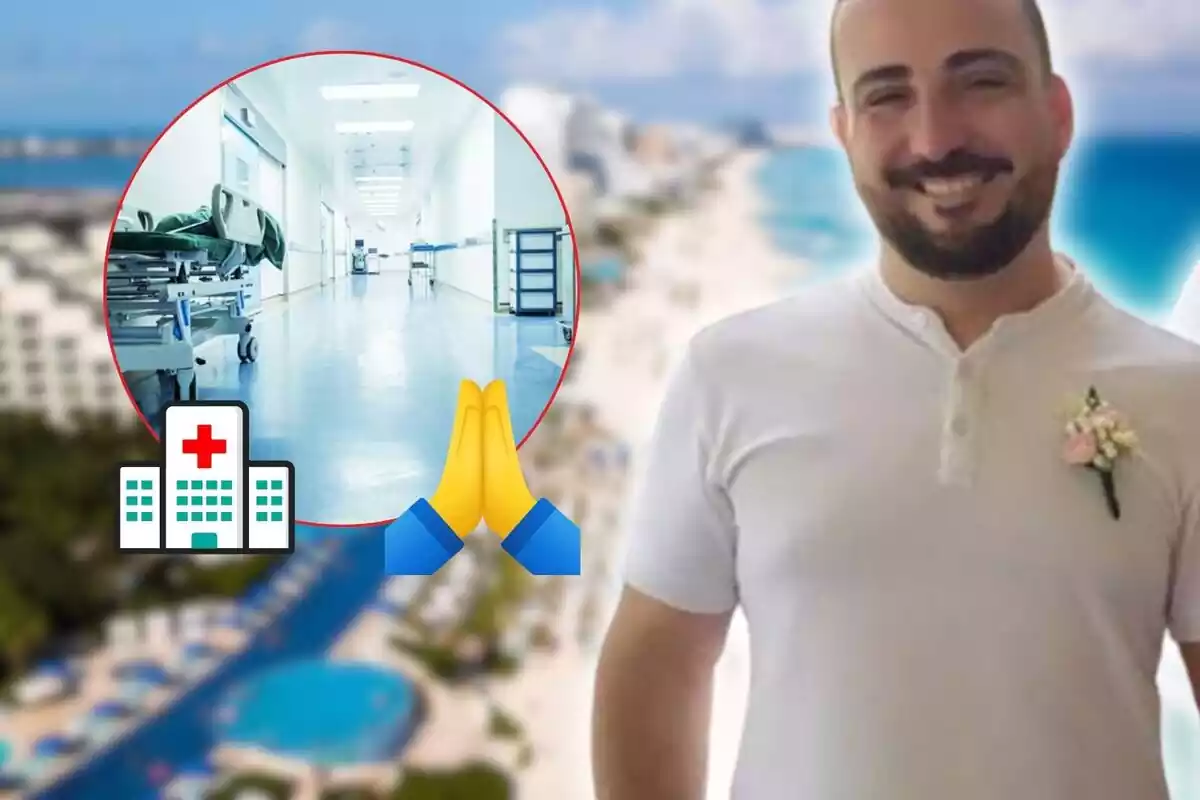 Adrián fernández con un montaje de una foto de cancún de fondo y una foto de un hospital con emojis