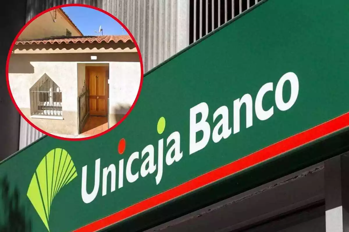 Imagen de fondo de un logo de Unicaja Banco y otra imagen de la fachada de una casa en Quintanar de la Orden