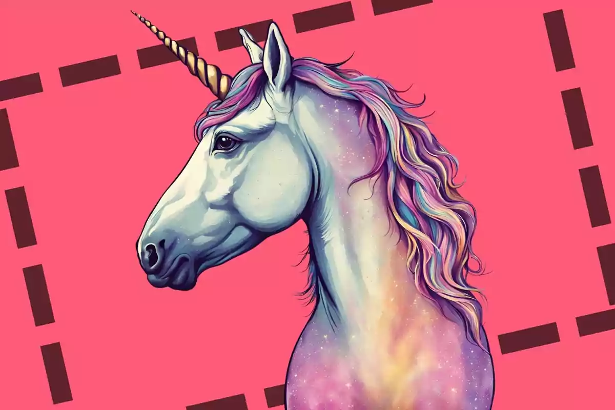 Ilustración de un unicornio con un cuerno dorado y melena de colores sobre un fondo rosa con un diseño de líneas marrones.