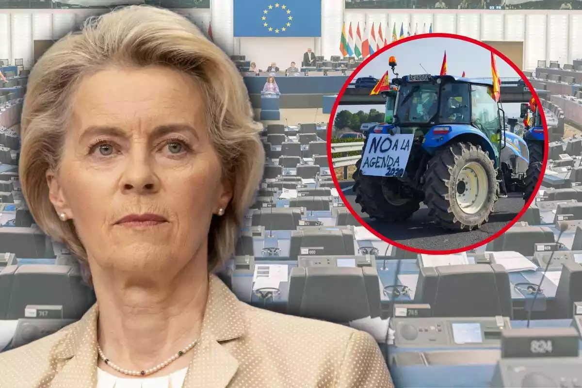 Montaje con un primer plano de Ursula von der Leyen, un marco con una foto de un tractor con una pancarta de 'no a la agenda 2030' y de fondo una imagen del Parlamento Europeo