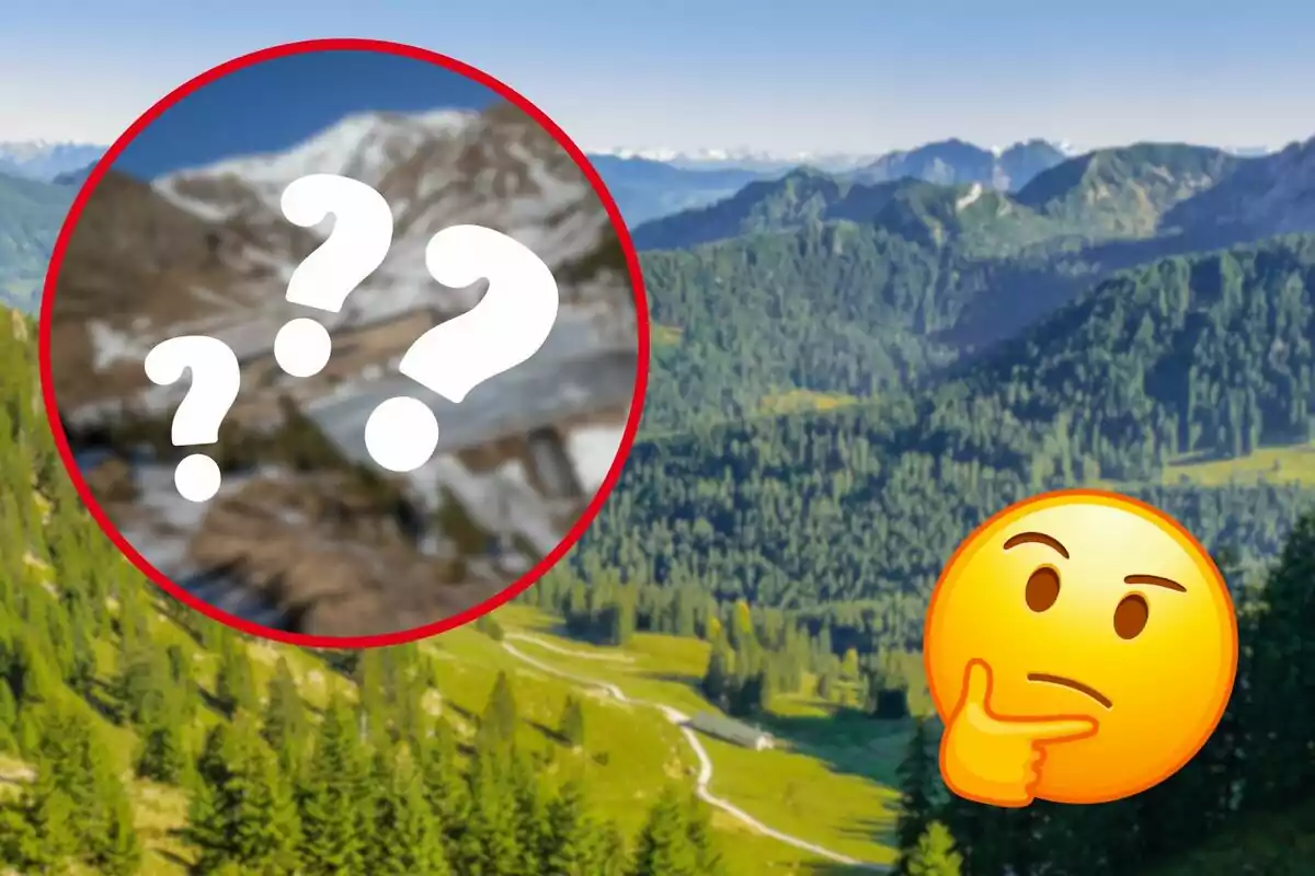 Una imagen de un paisaje montañoso con un círculo rojo que contiene signos de interrogación y un emoji pensativo en la esquina inferior derecha.