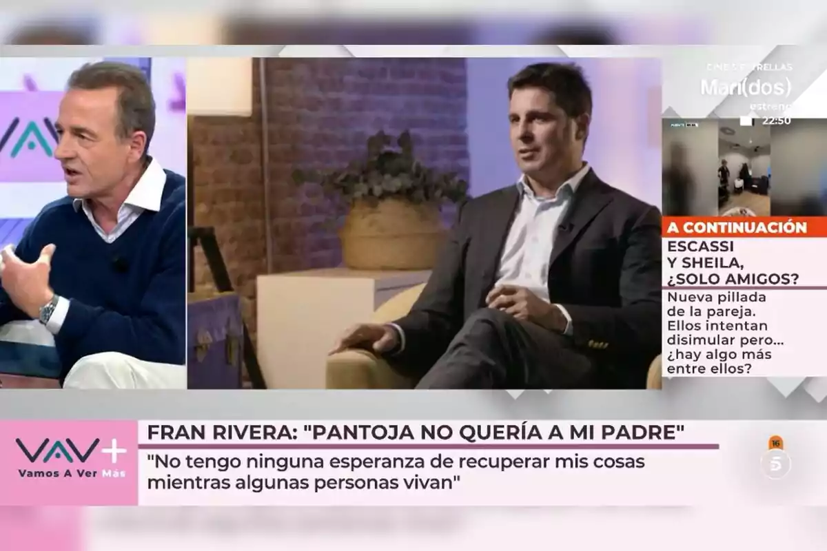 Alessandro Lequio y Fran Rivera en 'Vamos a Ver', uno de ellos está hablando mientras el otro escucha atentamente; en la parte inferior hay un texto que menciona una declaración sobre Pantoja y un comentario sobre la esperanza de recuperar cosas. Alessandro Lequio y Fran Rivera en 'Vamos a Ver', uno de ellos está hablando mientras el otro escucha atentamente; en la parte inferior hay un texto que menciona una declaración sobre Pantoja y un comentario sobre la esperanza de recuperar cosas.