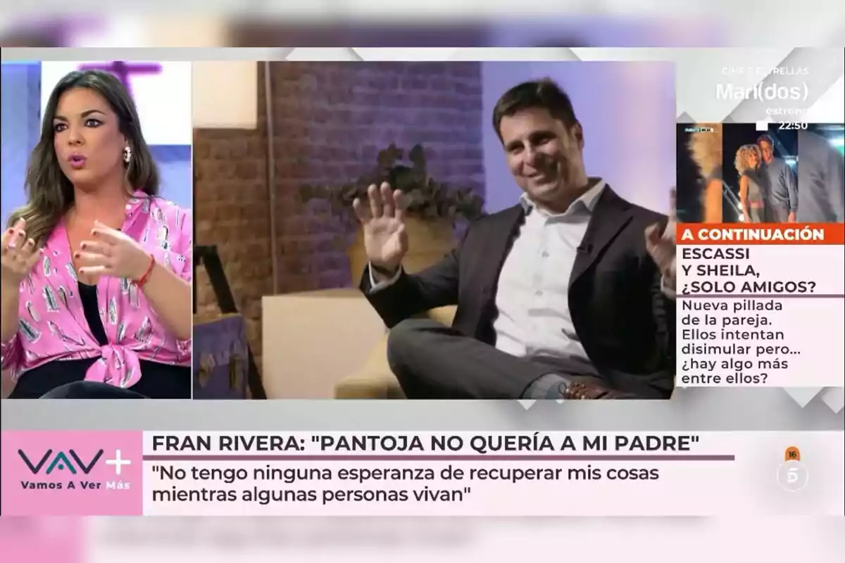 En la imagen se observa a una colaboradora y Fran Rivera en 'Vamos a Ver', una mujer a la izquierda hablando y un hombre a la derecha sonriendo, con un texto en la parte inferior que menciona una declaración sobre la recuperación de pertenencias. En la imagen se observa a una colaboradora y Fran Rivera en 'Vamos a Ver', una mujer a la izquierda hablando y un hombre a la derecha sonriendo, con un texto en la parte inferior que menciona una declaración sobre la recuperación de pertenencias.