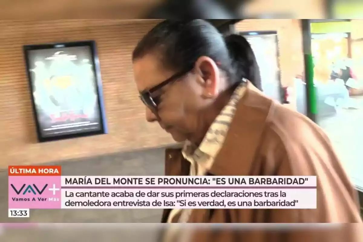 María del Monte con gafas de sol y abrigo camina por un lugar público mientras un texto en pantalla informa sobre una declaración reciente de una cantante. Captura de 'Vamos a ver'