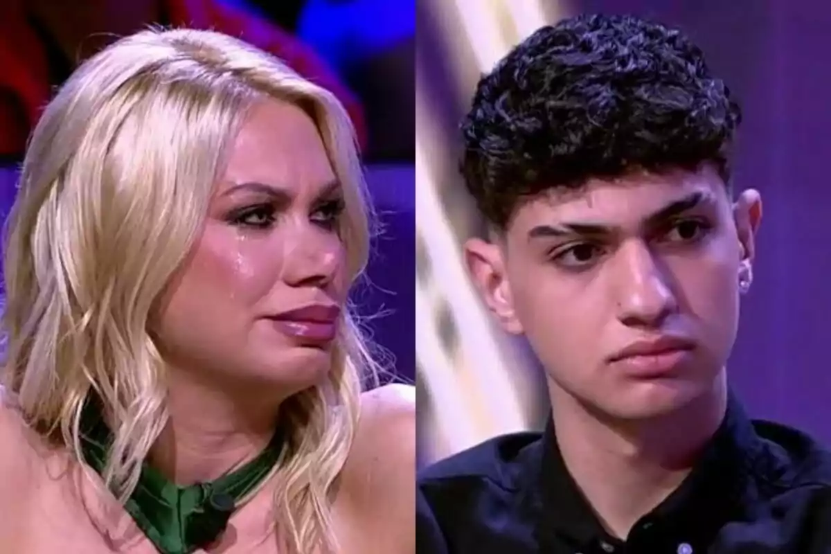 Vanessa de Gran Hermano llorando a la izquierda con su hijo Alejandro con expresión seria a la derecha, ambos en el plató de De Viernes.