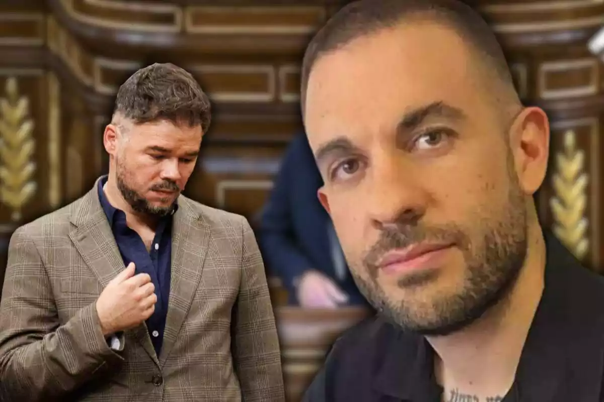 Montaje con un primer plano de Roberto Vaquero mirando a cámera y un plano medio de Gabriel Rufián mirando al suelo con cara de pocos amigos