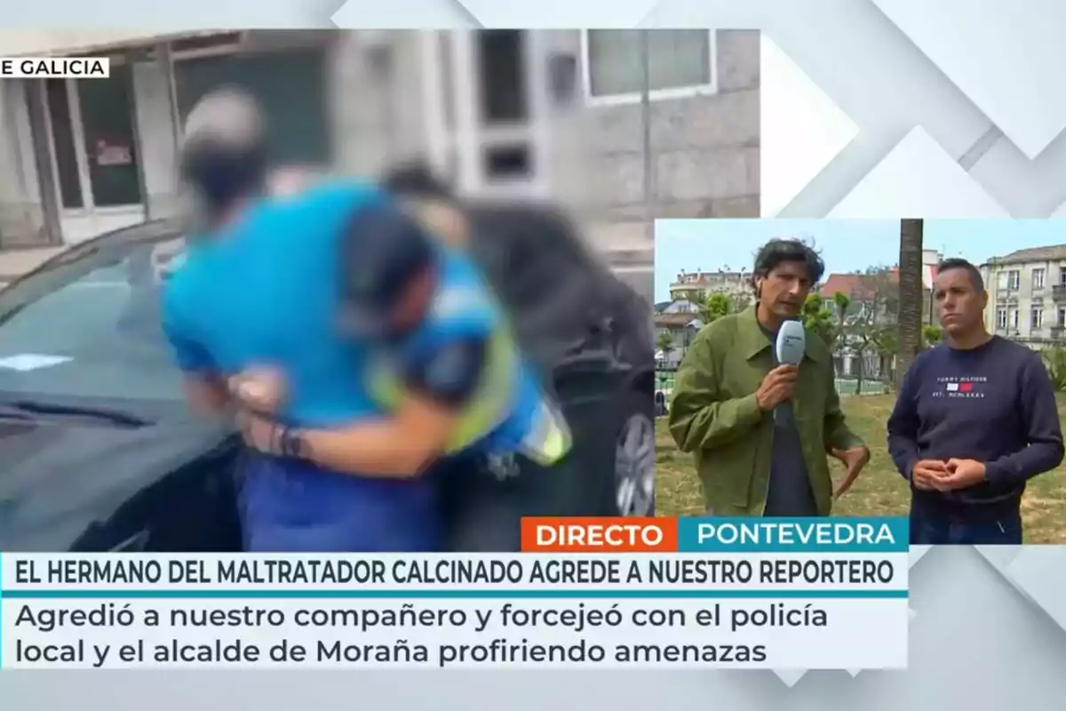 Un policía forcejea con un hombre junto a un coche mientras en una ventana pequeña dos reporteros informan en directo desde Pontevedra con gráficos y textos de una noticia en la pantalla. Un policía forcejea con un hombre junto a un coche mientras en una ventana pequeña dos reporteros informan en directo desde Pontevedra con gráficos y textos de una noticia en la pantalla.