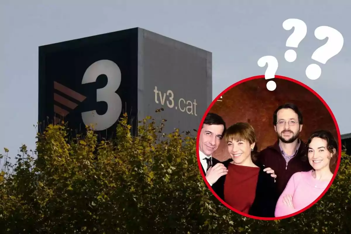 Edificio de TV3 con un círculo rojo que contiene una imagen de cuatro personas y signos de interrogación.