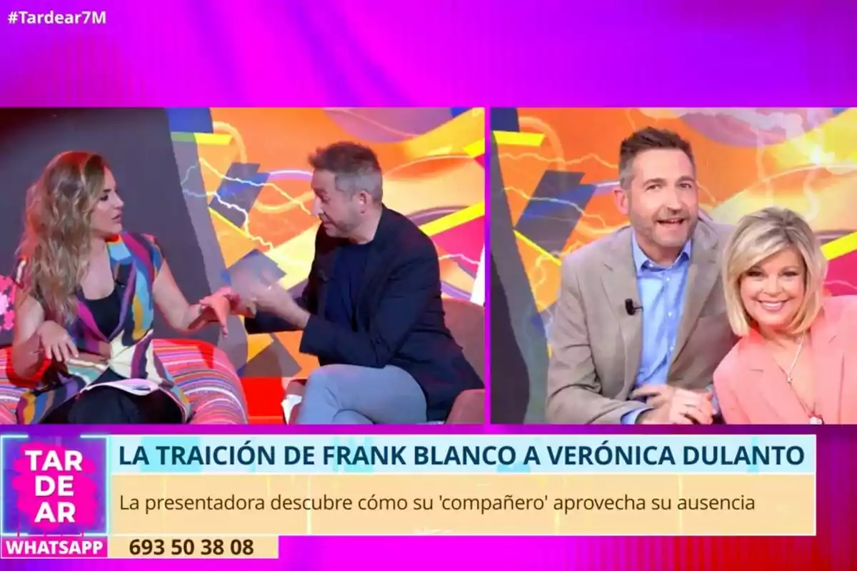 Verónica Dulanto y Frank Blanco en 'Tardear' con gráficos llamativos y un texto en pantalla que menciona una traición. También aparece a la derecha Terelu Campos con Frank Blanco. Verónica Dulanto y Frank Blanco en 'Tardear' con gráficos llamativos y un texto en pantalla que menciona una traición. También aparece a la derecha Terelu Campos con Frank Blanco.