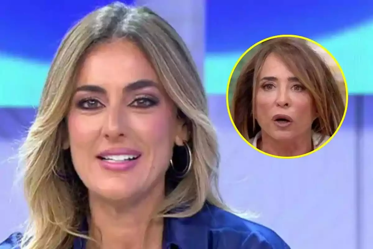 Verónica Dulanto rubia sonriente en primer plano en Tardear con María Patiño de cabello castaño en La Familia de la Tele dentro de un círculo amarillo en la esquina superior derecha sobre un fondo de colores azul y celeste