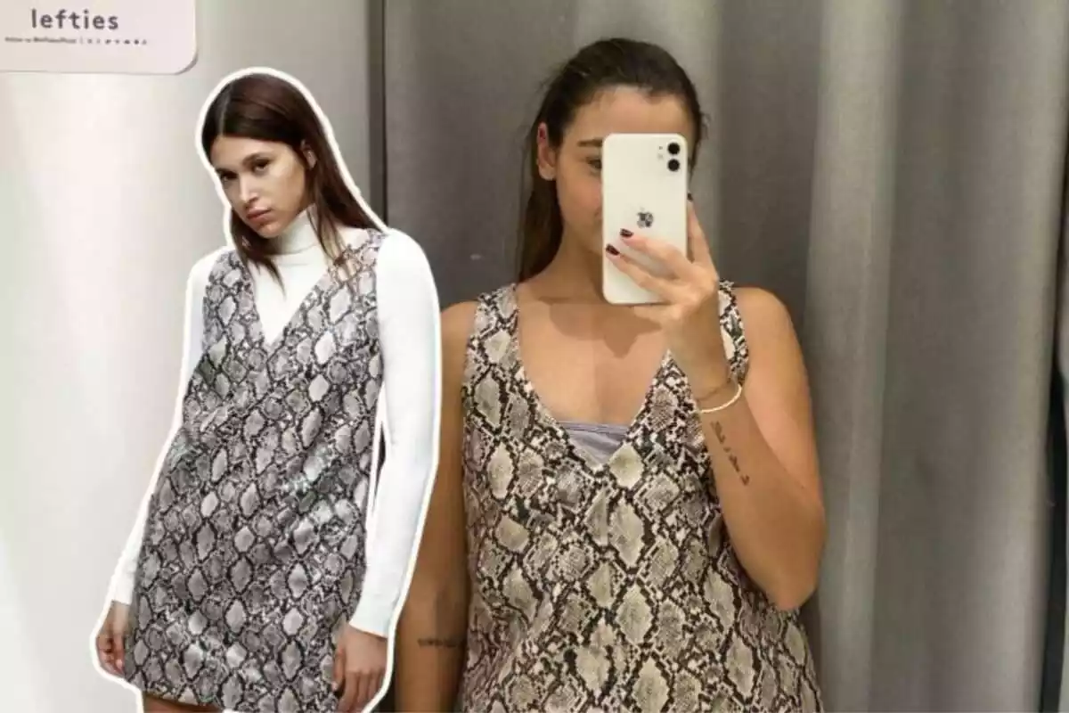 Imagen de dos mujeres con un mismo vestido de Lefties con estampado de serpiente