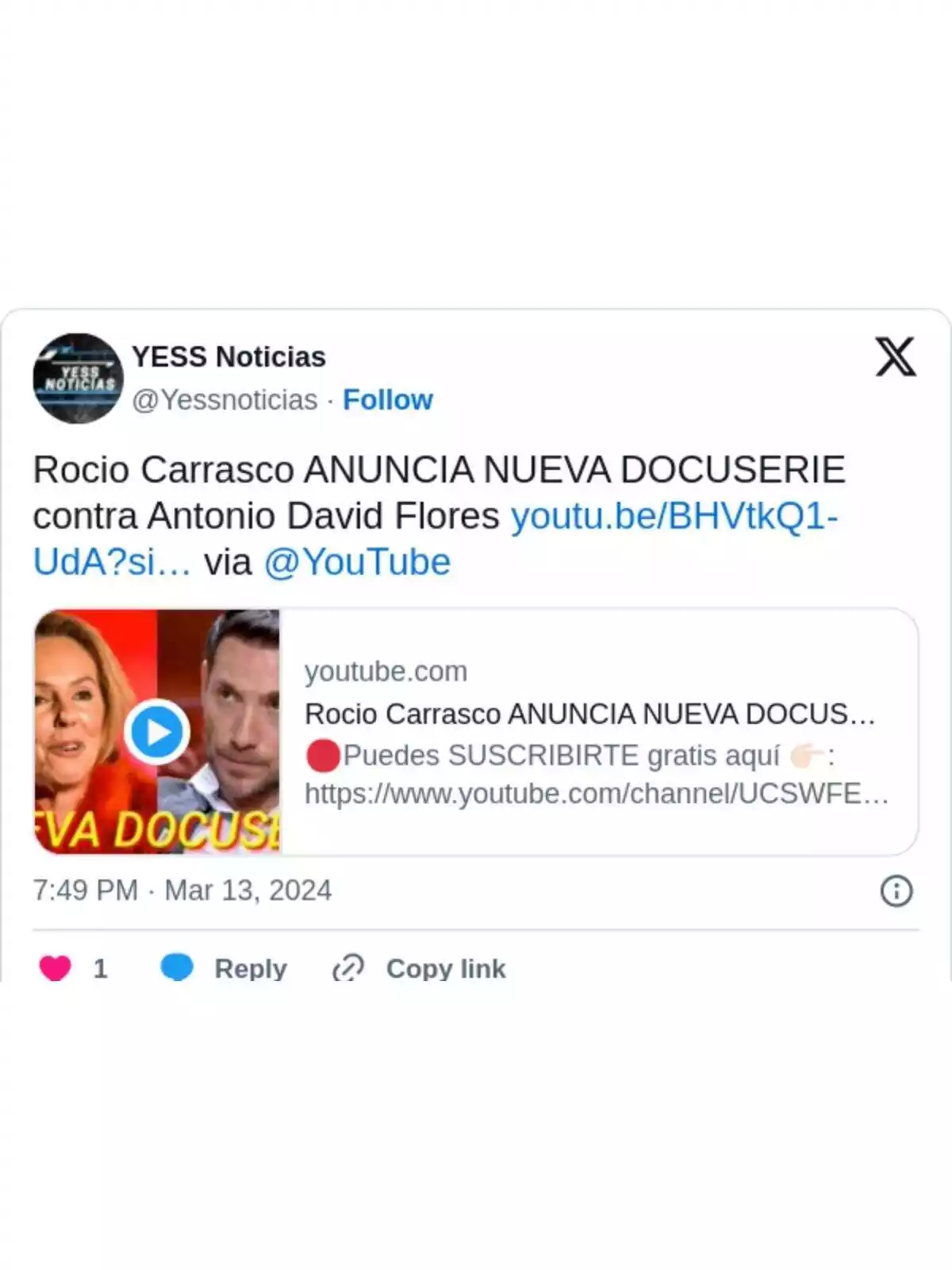 Tweet de YESS Noticias con el anuncio de Rocío Carrasco sobre una nueva docuserie contra Antonio David Flores el 13 de marzo de 2024 Tweet de YESS Noticias con el anuncio de Rocío Carrasco sobre una nueva docuserie contra Antonio David Flores el 13 de marzo de 2024