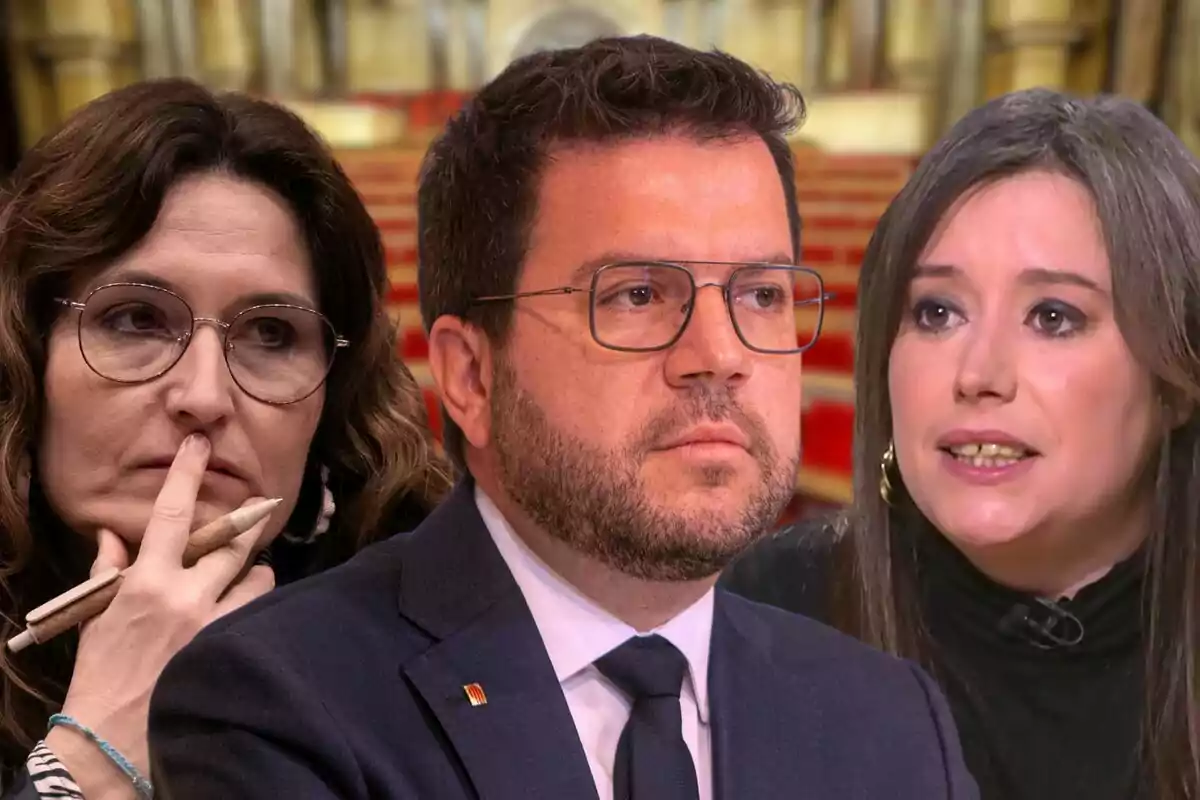 Laura Vilagrà, Pere Aragonès y Laure Vega con un fondo desenfocado de un interior con asientos rojos.