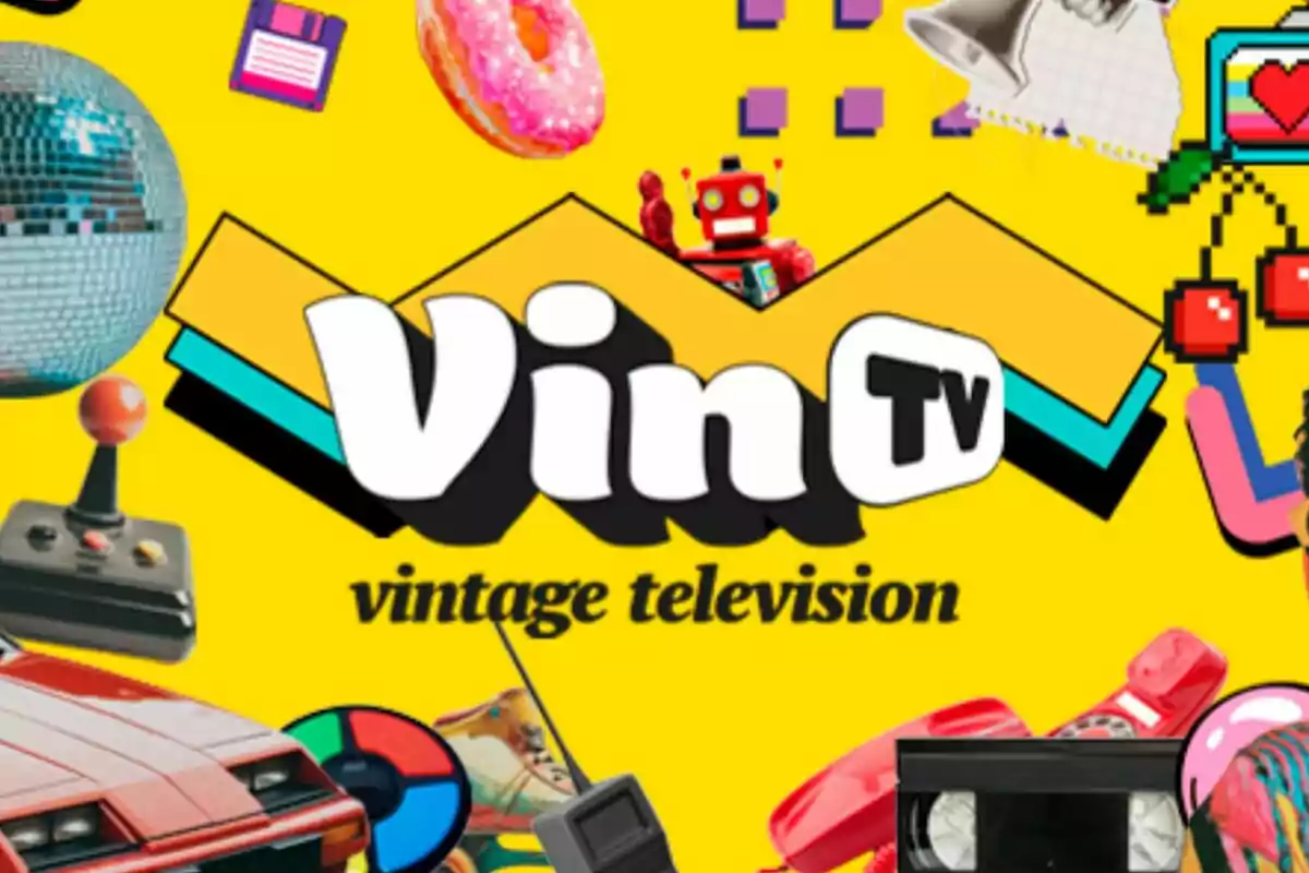 Imagen con fondo amarillo que muestra el logo de VinTV vintage television rodeado de objetos retro como una bola de disco, joystick, casete VHS, auto rojo, robot de juguete, dona y gráficos pixelados