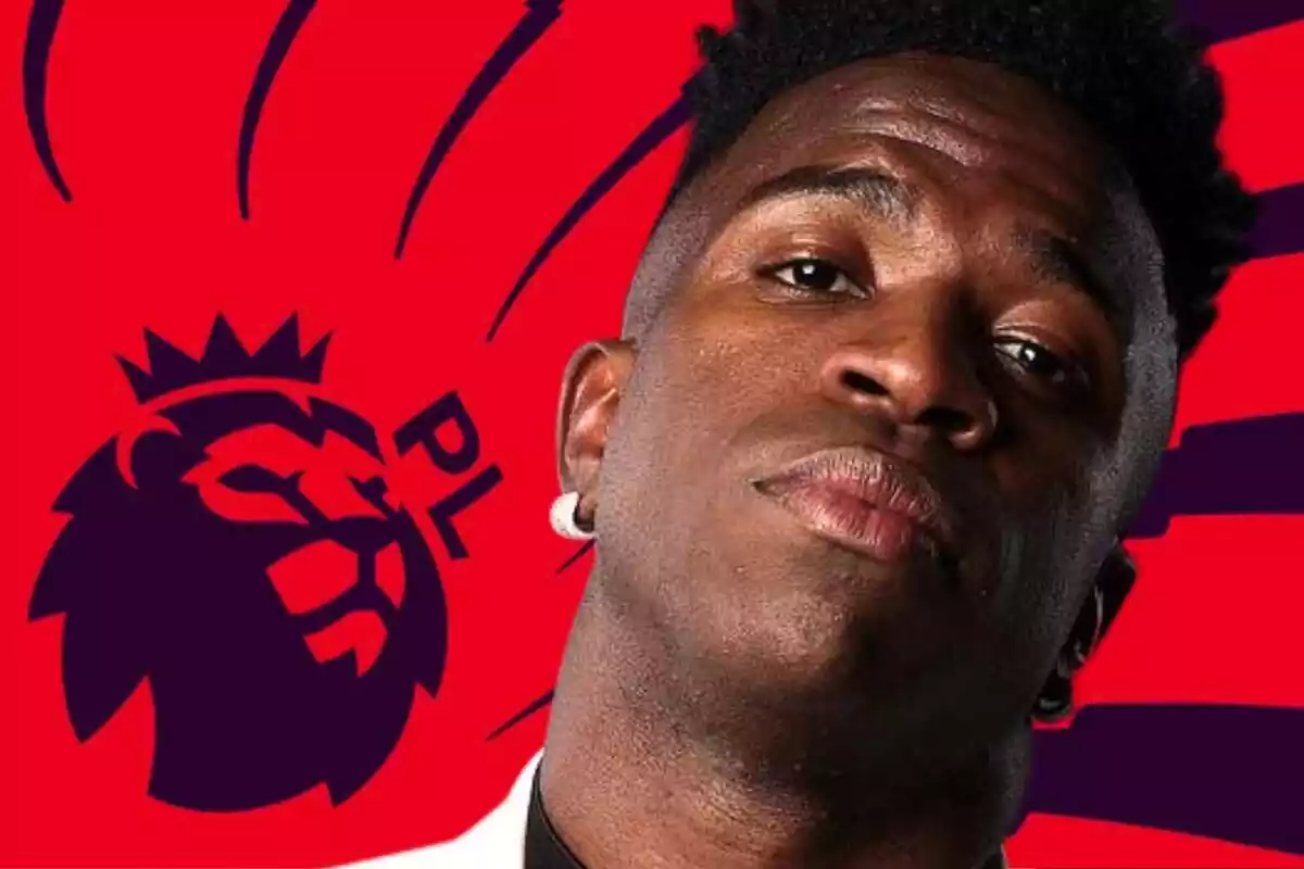 Vinícius Júnior con actitud chulesca en frente de una imagen promocional de la Premier League