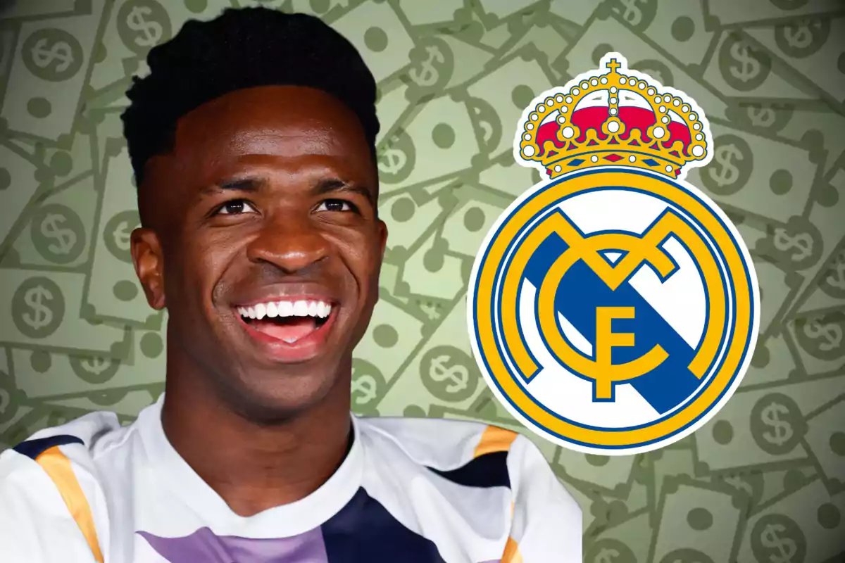 Un jugador de fútbol sonriente con el logo del Real Madrid y un fondo de billetes. Un jugador de fútbol sonriente con el logo del Real Madrid y un fondo de billetes.