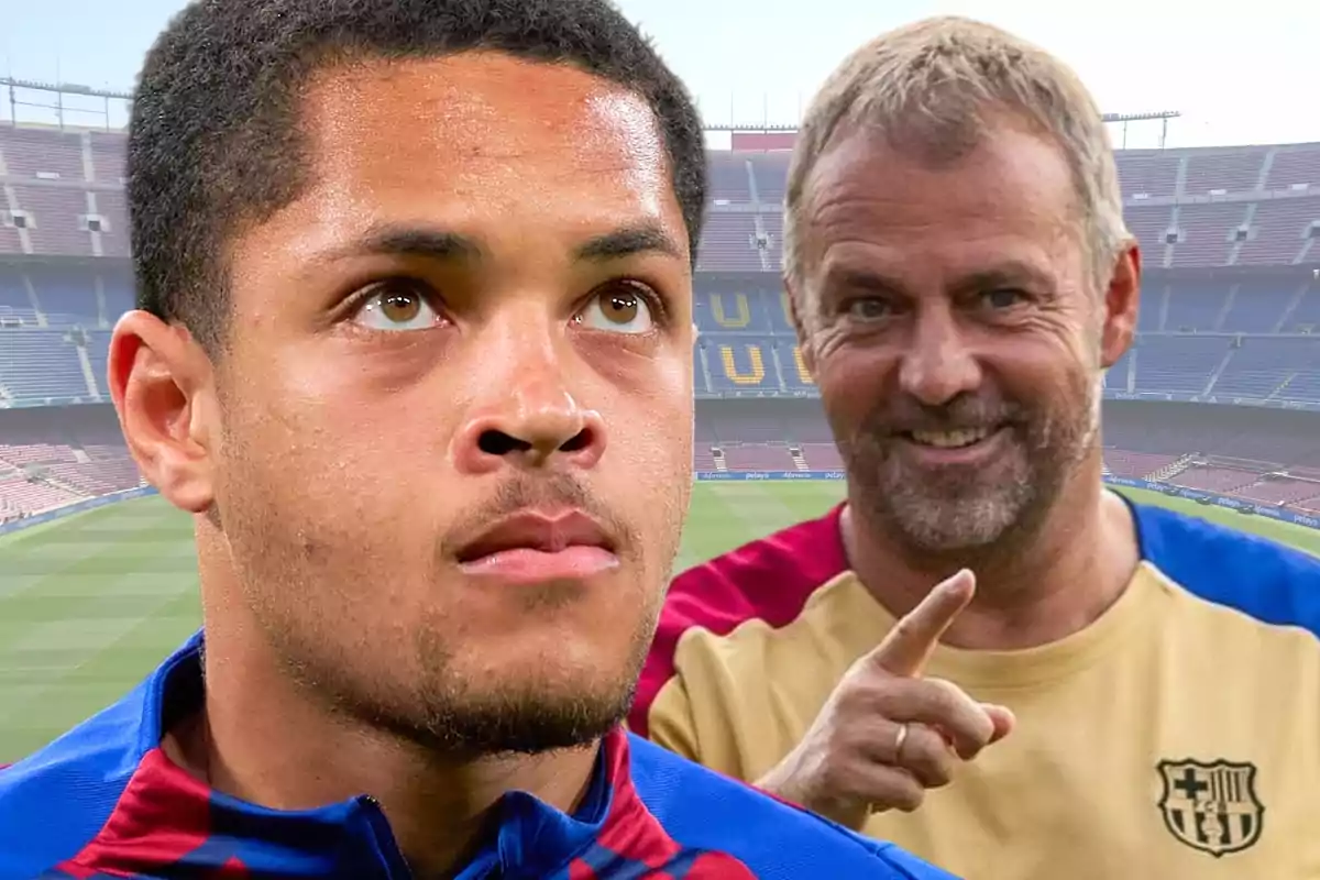 Un jugador de fútbol con la camiseta del Barcelona en primer plano y un hombre sonriendo al fondo en un estadio.