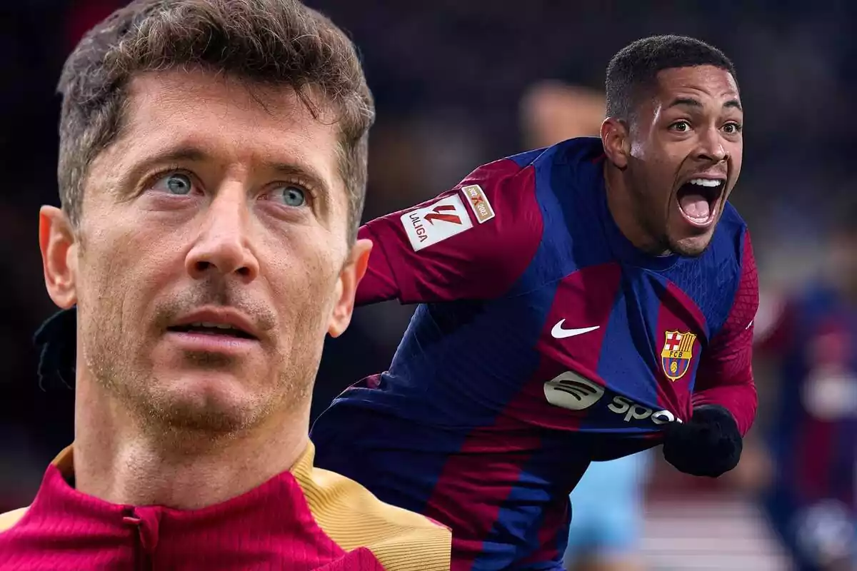 Robert Lewandowski en primer plano junto a una foto de Vitor Roque de fondo