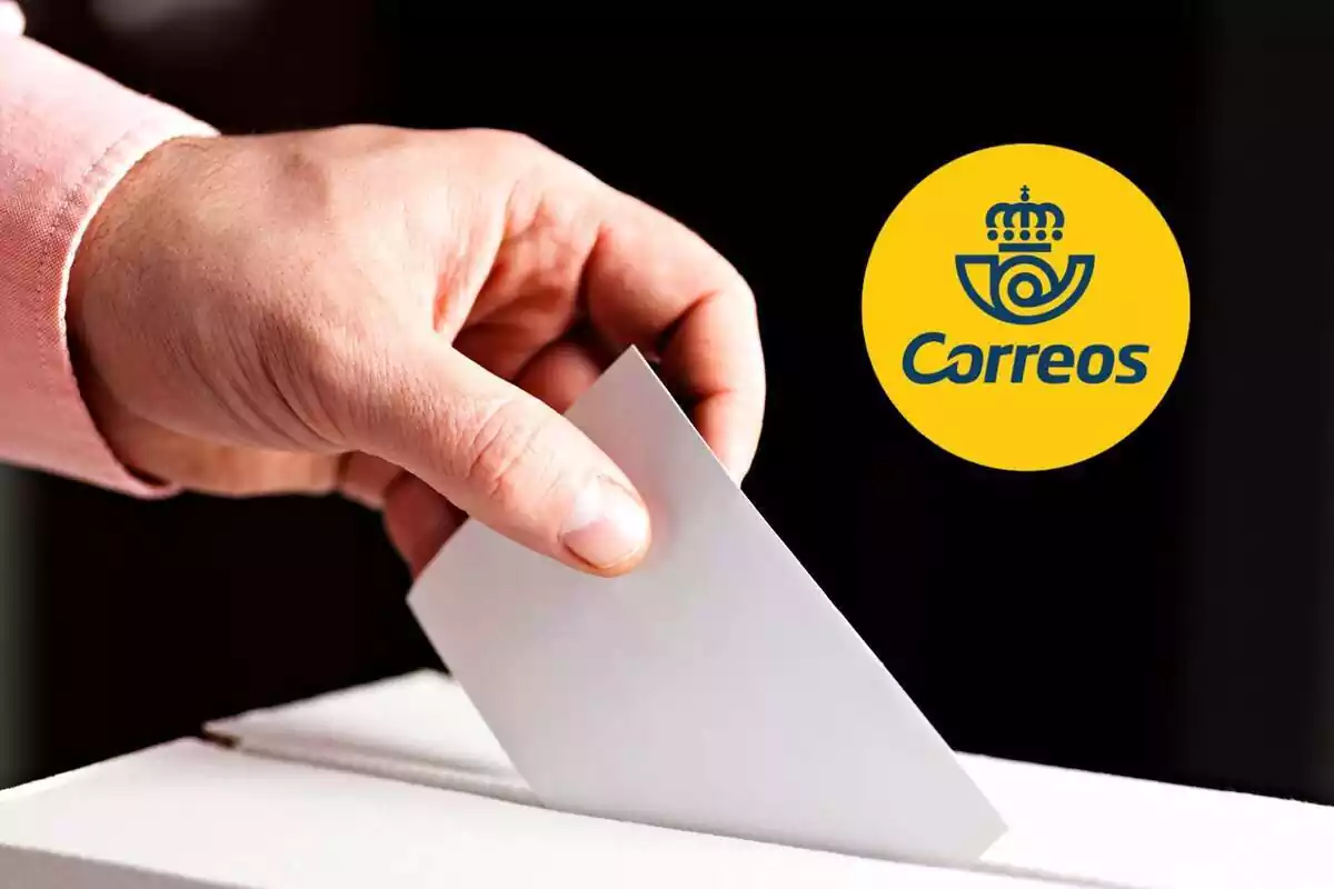 Persona poniendo un voto en una urna y el emblema de correos