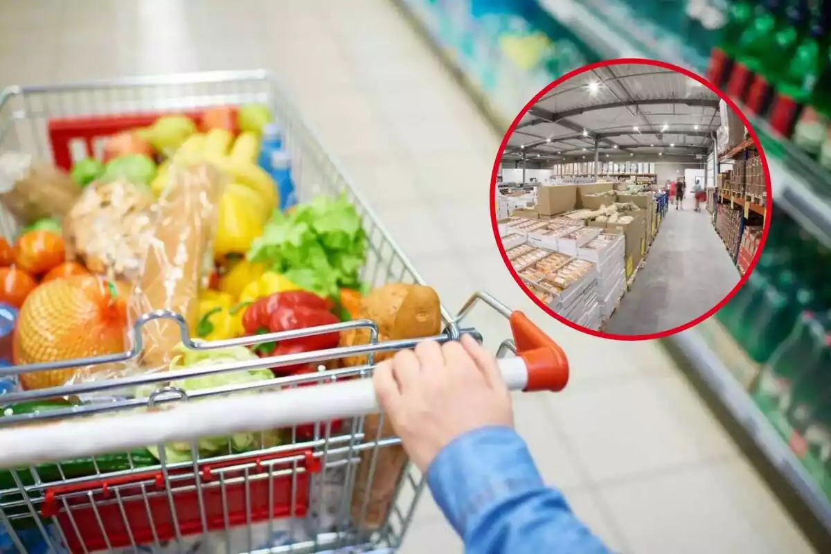 Almacén grande en círculo rojo sobre fondo de detalle en supermercado de mano levando un carro lleno de productos frescos