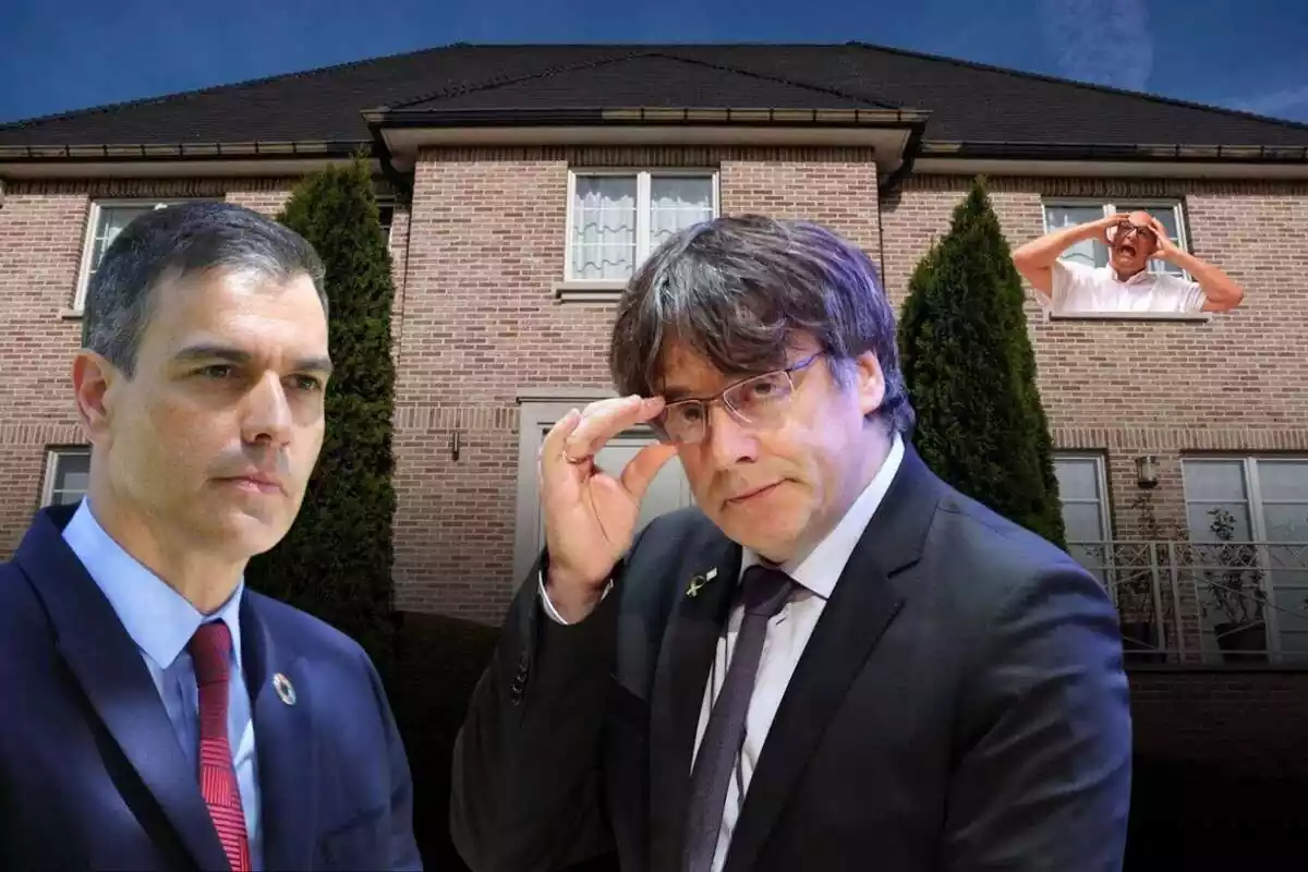 Montaje con un plano medio de Carles Puigdemont, otro de Pedro Sánchez y de fondo la casa de Puigdemont en Waterloo con Xavier Rius saliendo de una ventana con las manos en la cabeza