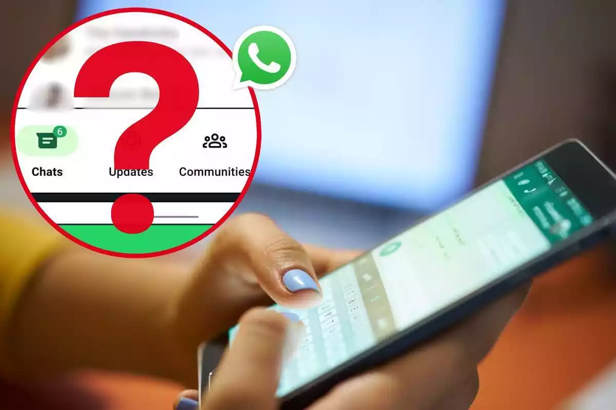Imagen de fondo de las manos de una persona utilizando WhatsApp y otra imagen de la nueva interfaz de la app, con un interrogante delante