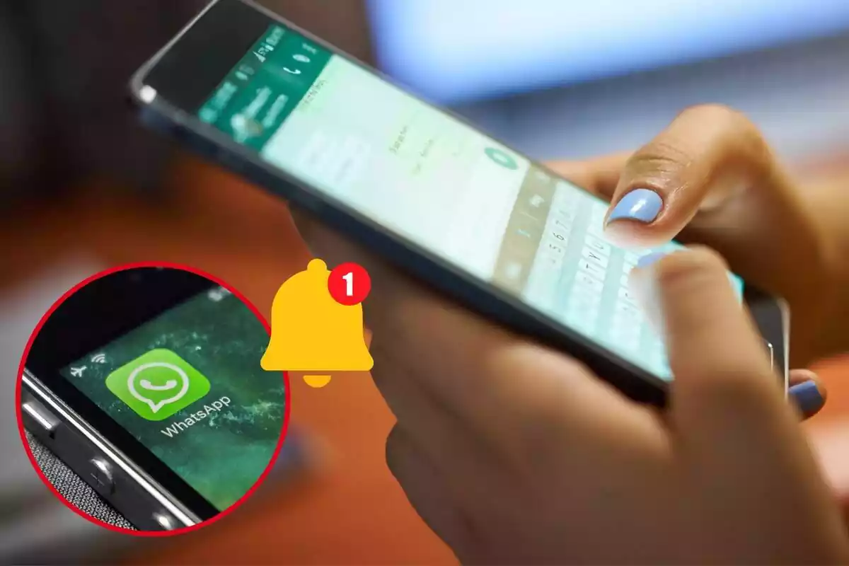 Imagen de fondo de unas manos con un móvil en ellas, dentro de la aplicación de WhatsApp y otra imagen de un símbolo de la aplicación WhatsApp en un teléfono, junto a un emoticono de una campana con una 1 en un círculo rojo
