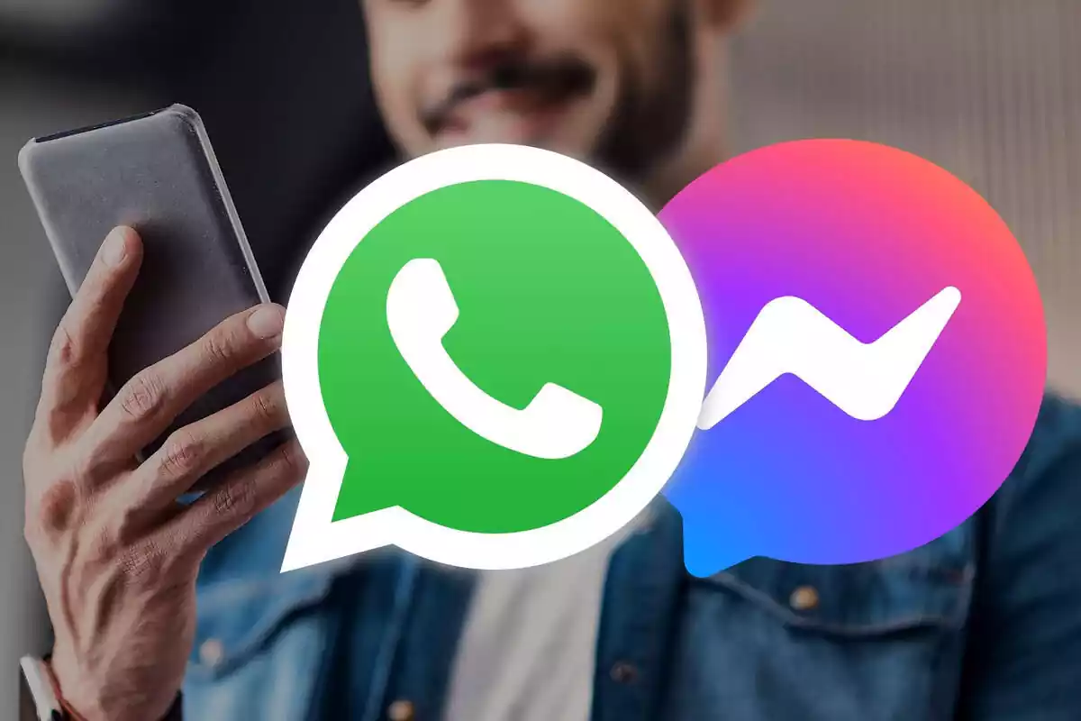 Montaje con un hombre mirando su teléfono con los logos de whatsapp y messenger en primer plano