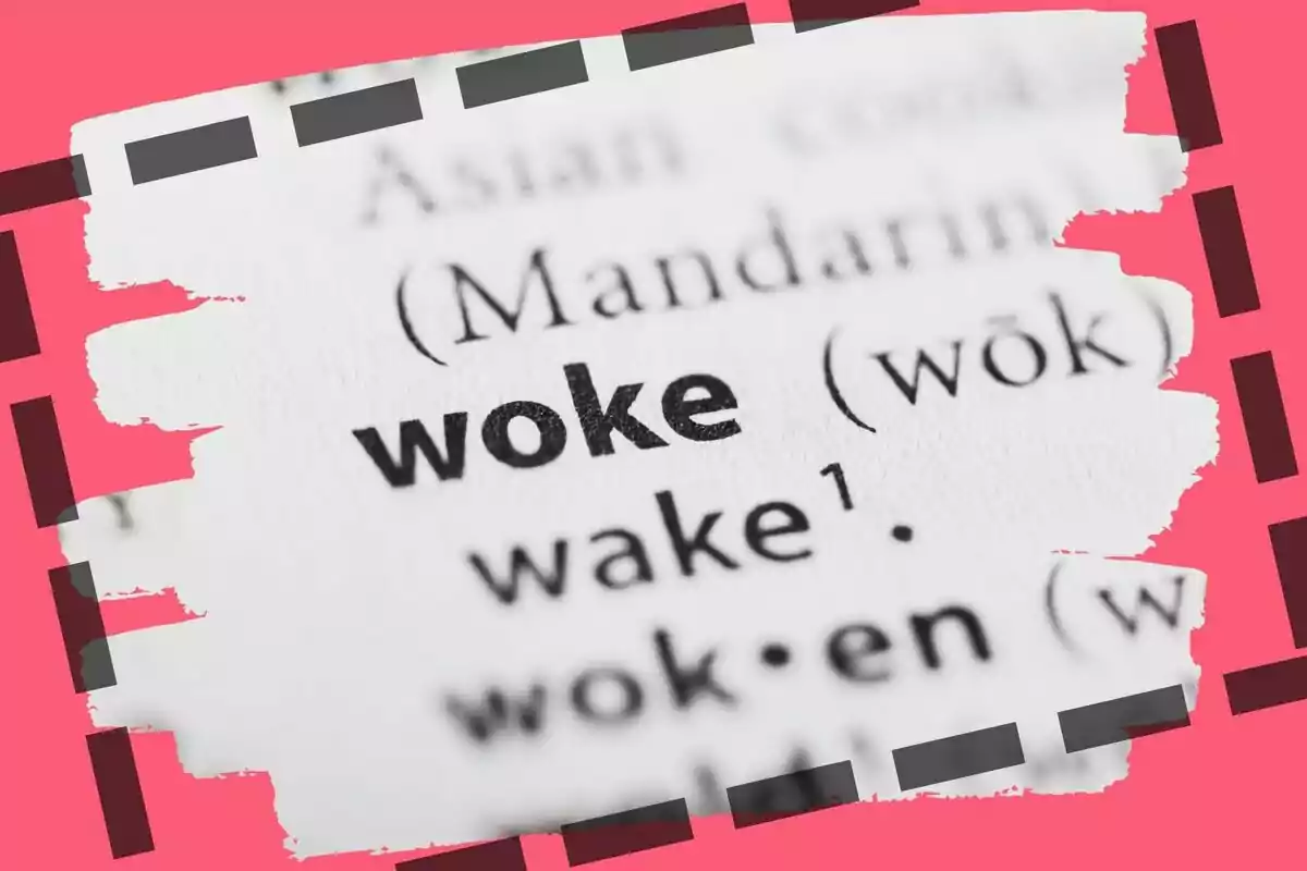 Una página de diccionario con la palabra "woke" resaltada en negrita, rodeada por un borde decorativo rosa.