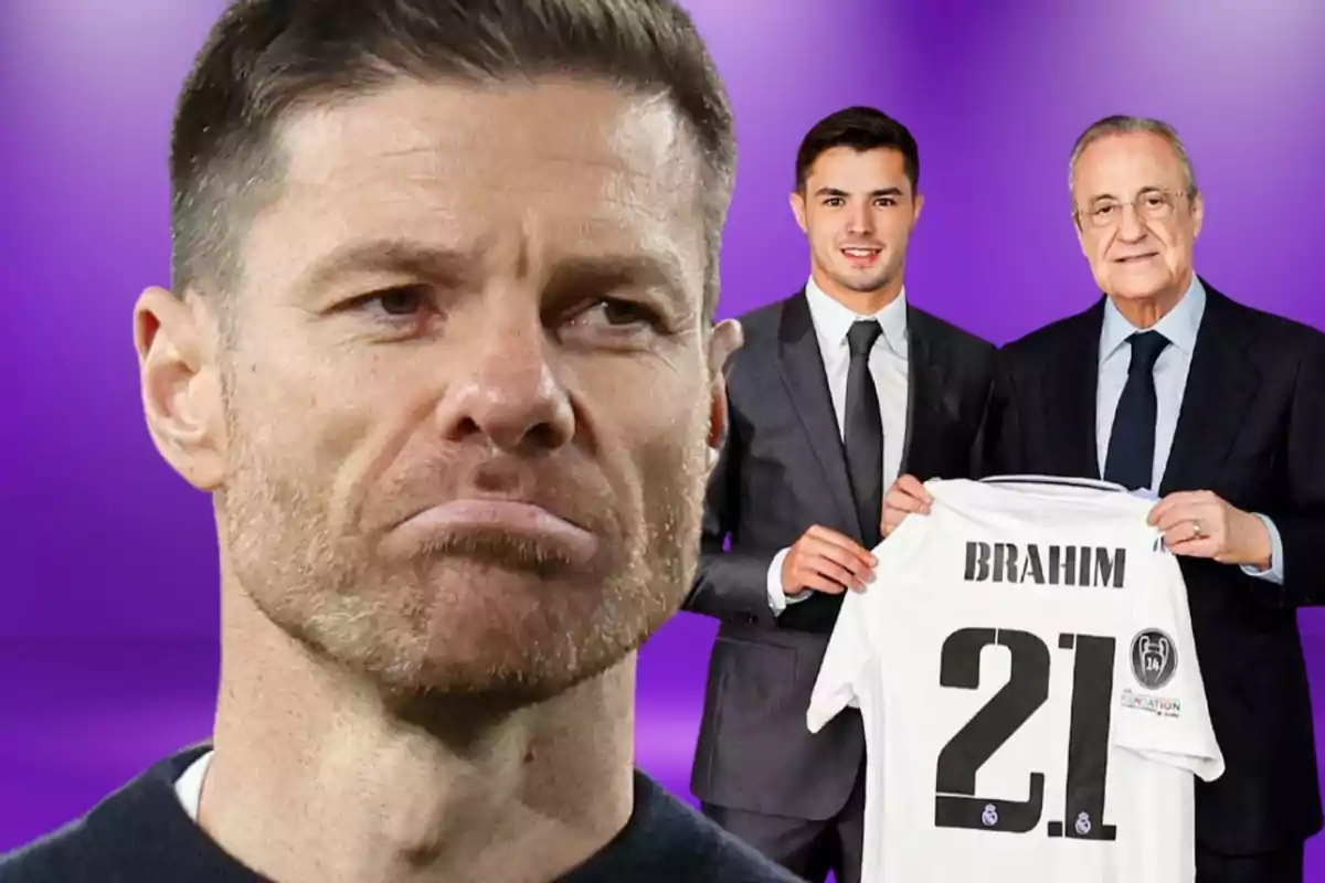Primer plano de un hombre con expresión seria y al fondo dos personas de traje sostienen una camiseta de fútbol con el nombre Brahim y el número 21 sobre un fondo morado.