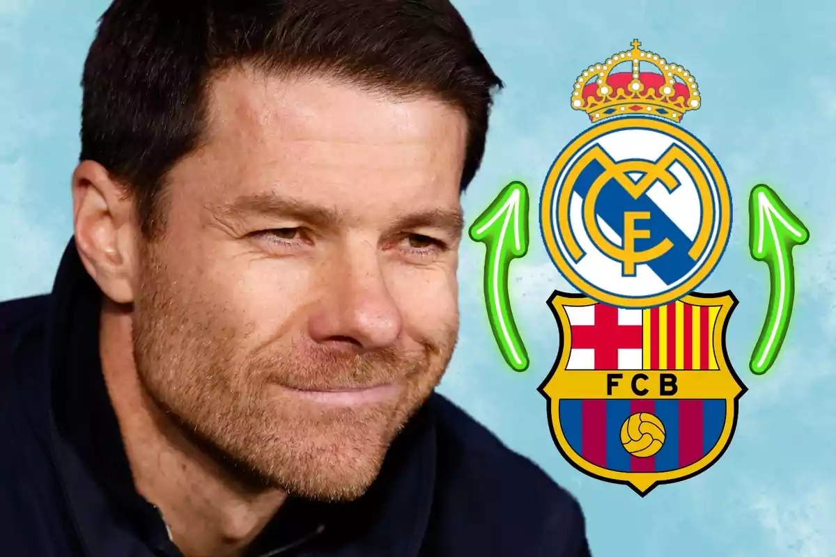 Un hombre sonriente con los escudos del Real Madrid y Barcelona junto a flechas verdes.