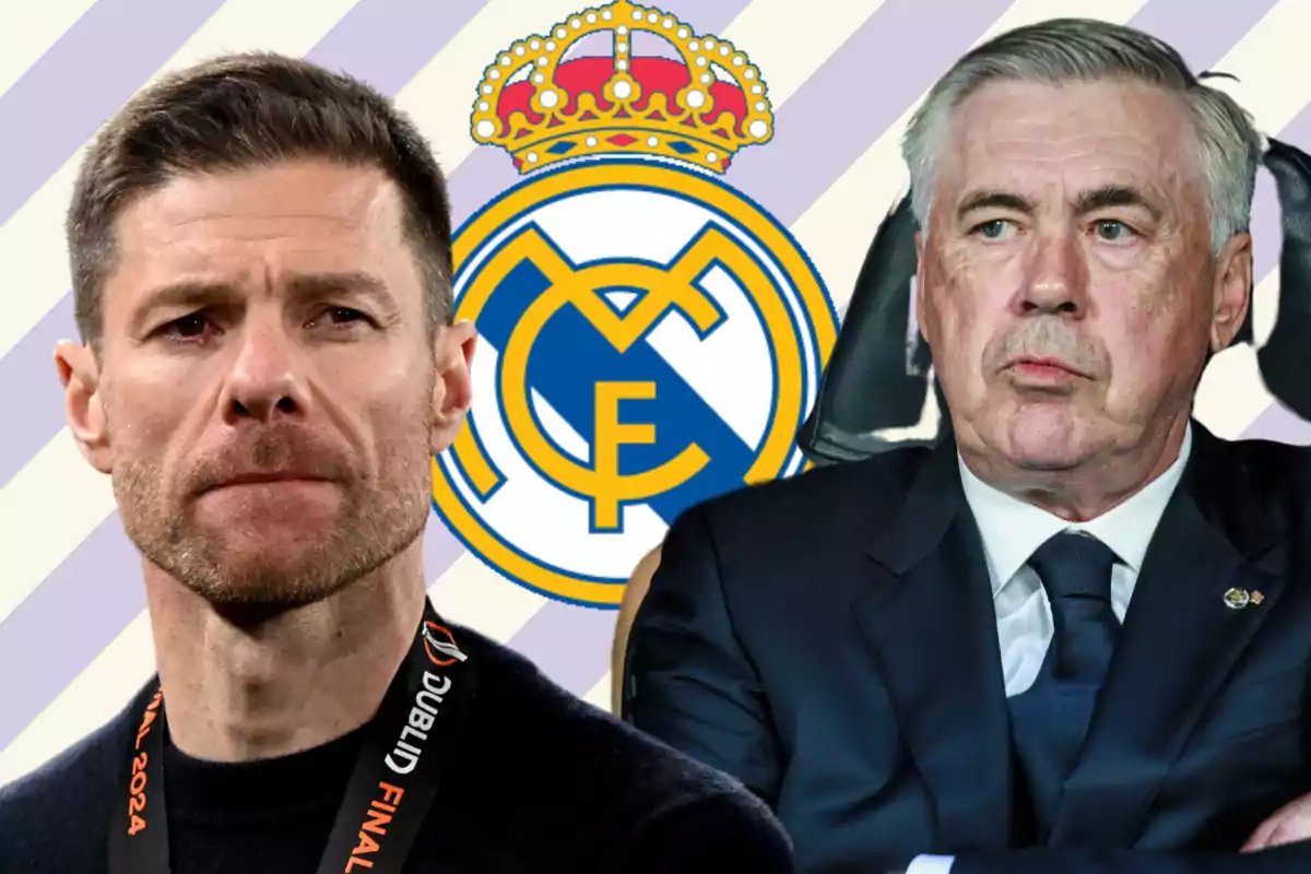 Xabi Alonso y Carlo Ancelotti con el escudo del Real Madrid Xabi Alonso y Carlo Ancelotti con el escudo del Real Madrid
