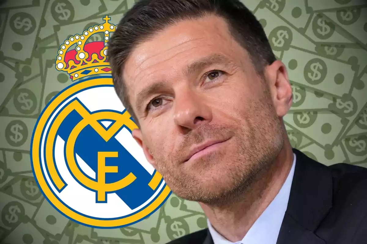 Hombre de traje con el escudo del Real Madrid y billetes de fondo