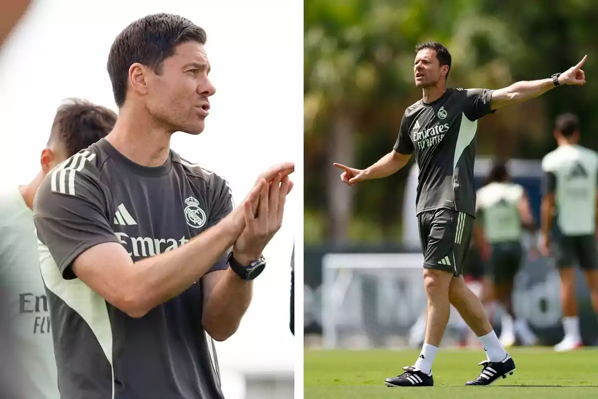 Entrenador de fútbol con uniforme de entrenamiento del Real Madrid dando indicaciones y aplaudiendo durante una práctica en campo Entrenador de fútbol con uniforme de entrenamiento del Real Madrid dando indicaciones y aplaudiendo durante una práctica en campo