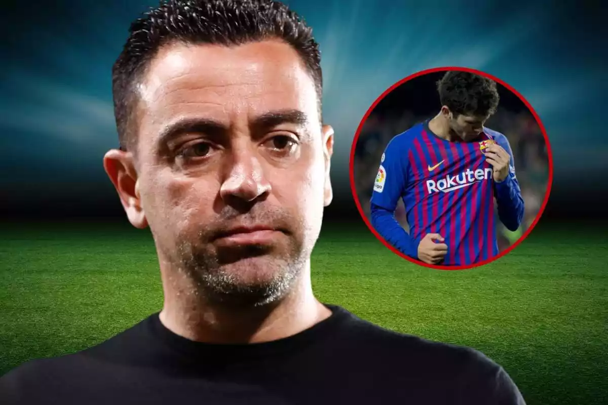 Xavi Hernández con cara de preocupación al lado de una imagen de Carles Aleñá besando el escudo del FC Barcelona