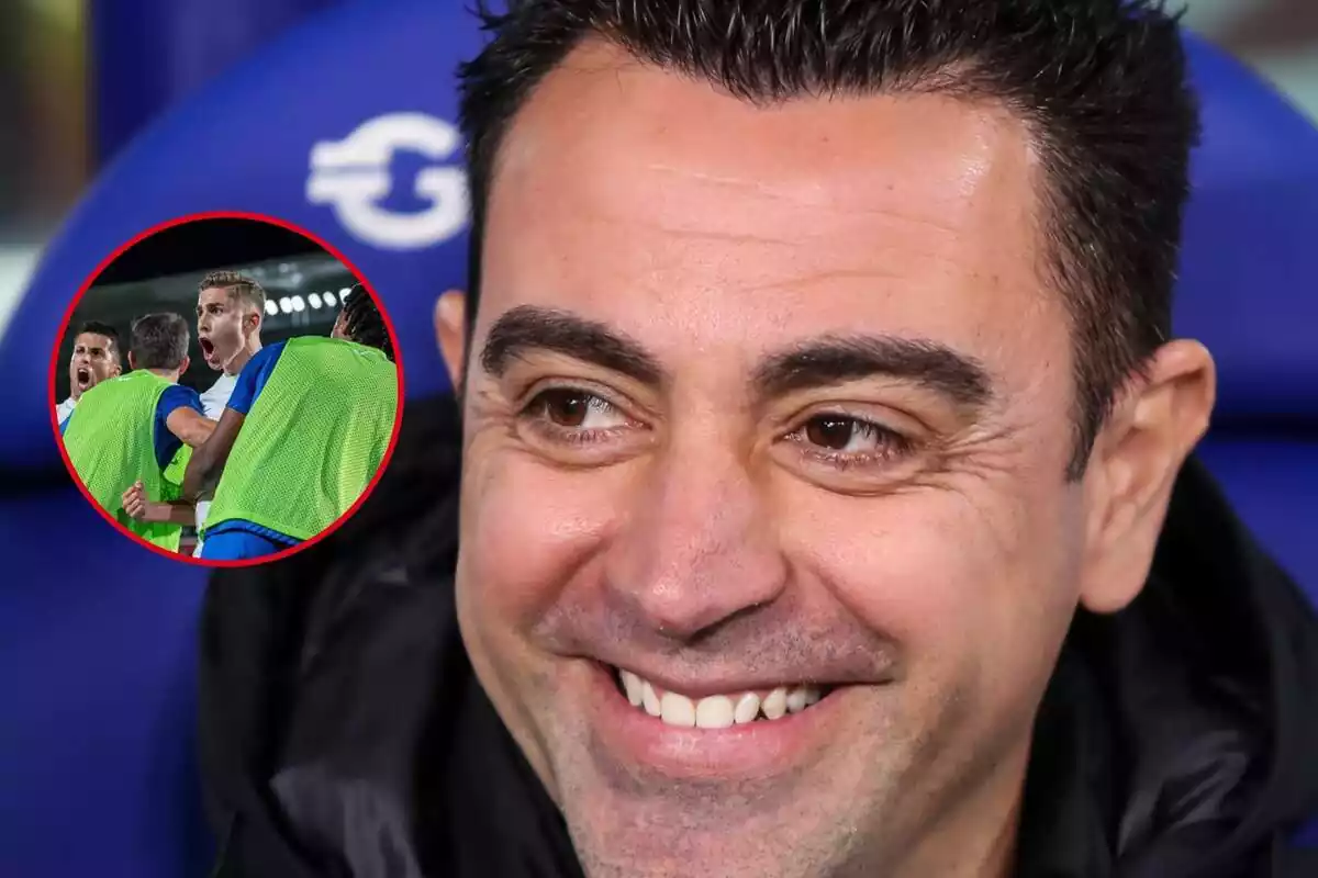 Montaje de Xavi Hernández sonriendo mientras ve a sus jugadores celebrar el gol de Fermín