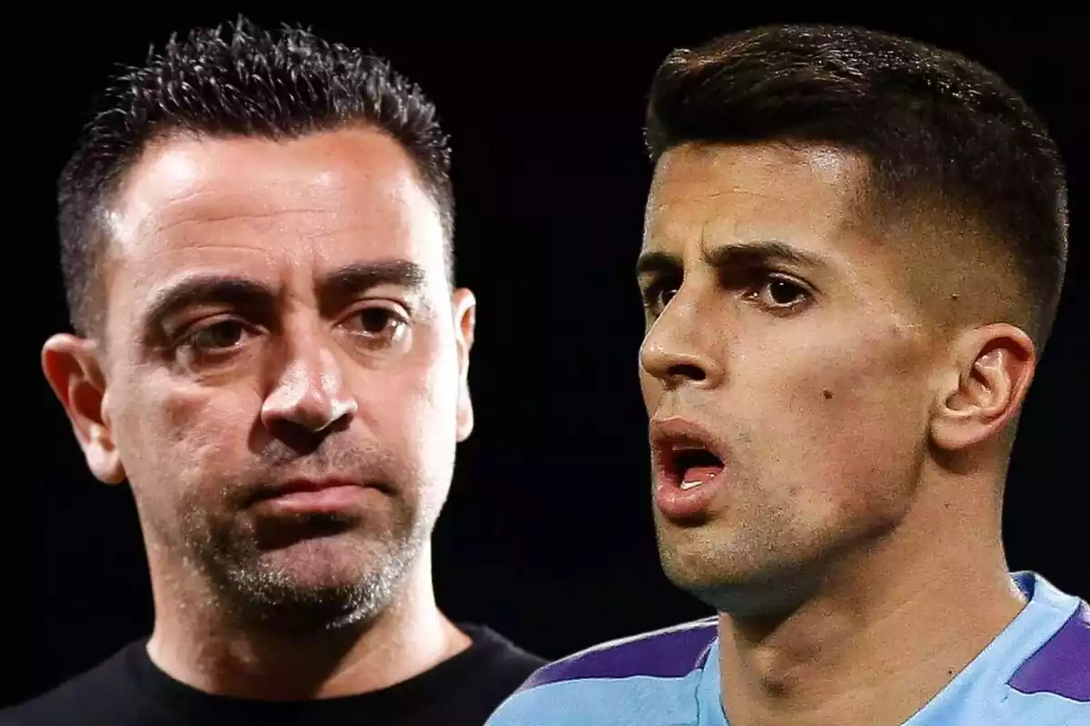 Montaje de XAvi Hernández serio mirando a Joao Cancelo con la boca abierta