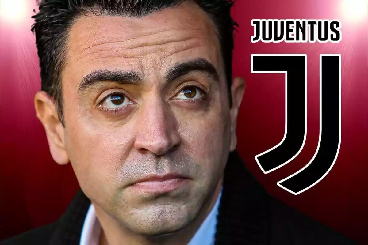 Xavi Hernández mirando hacia arriba con un escudo de la Juventus a su lado