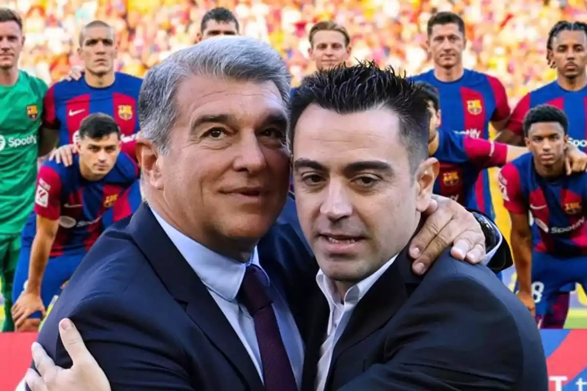 El presidente del Barça, Joan Laporta, junto al entrenador del primer equipo egarense, Xavi Hernández.